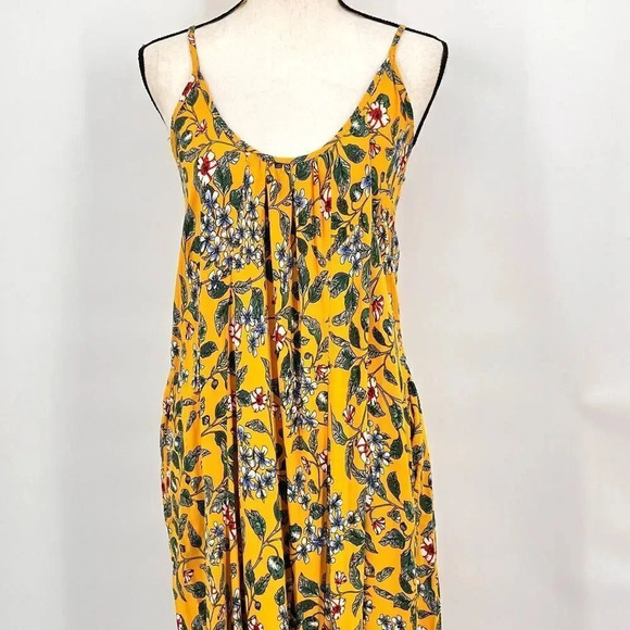 Buenos Ninos Maxi Dress M Yellow Floral Print with Pockets Spaghetti Straps Boho - Picture 2 of 8
